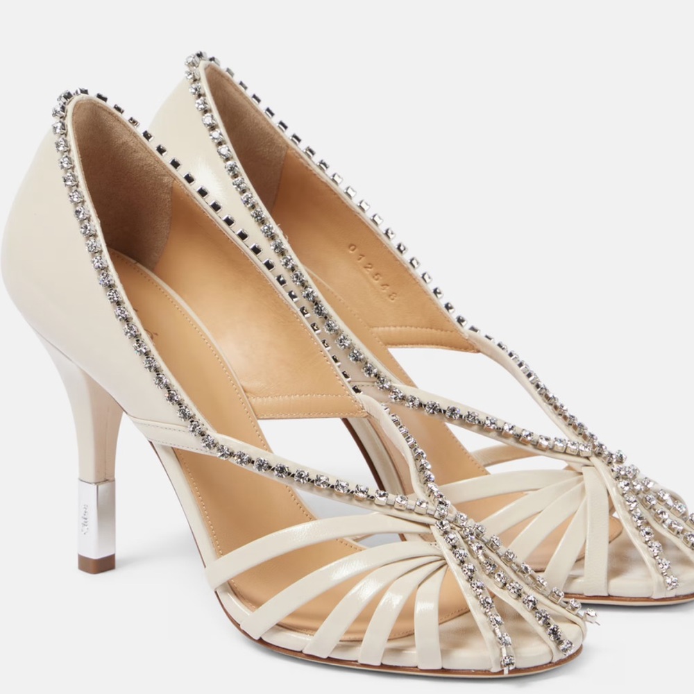 Chloé Leonie crystal-embellished leather pump in pearly ivory size 37 1/2